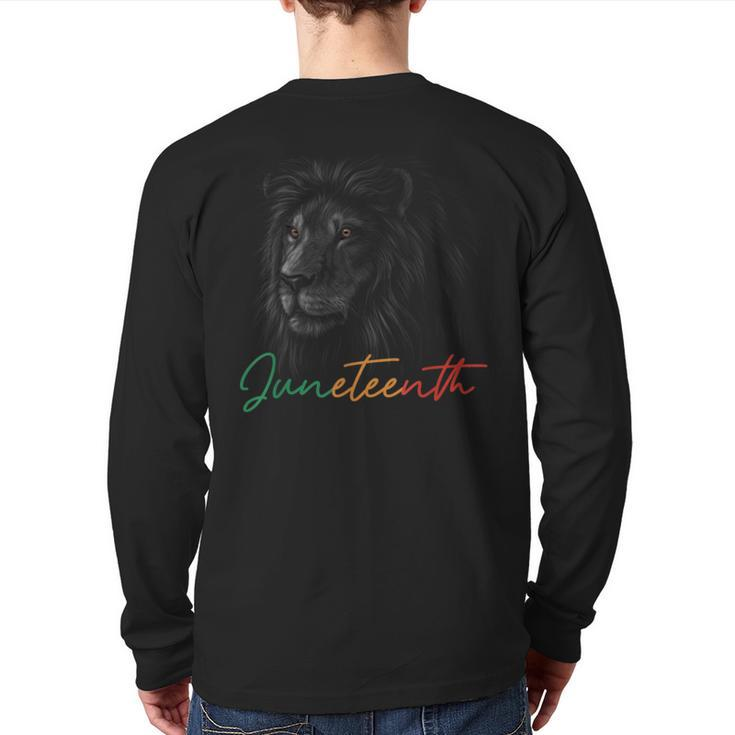 Juneteenth Black King Melanin Dad Fathers Day Men Lion Leo Back Print Long Sleeve T-shirt