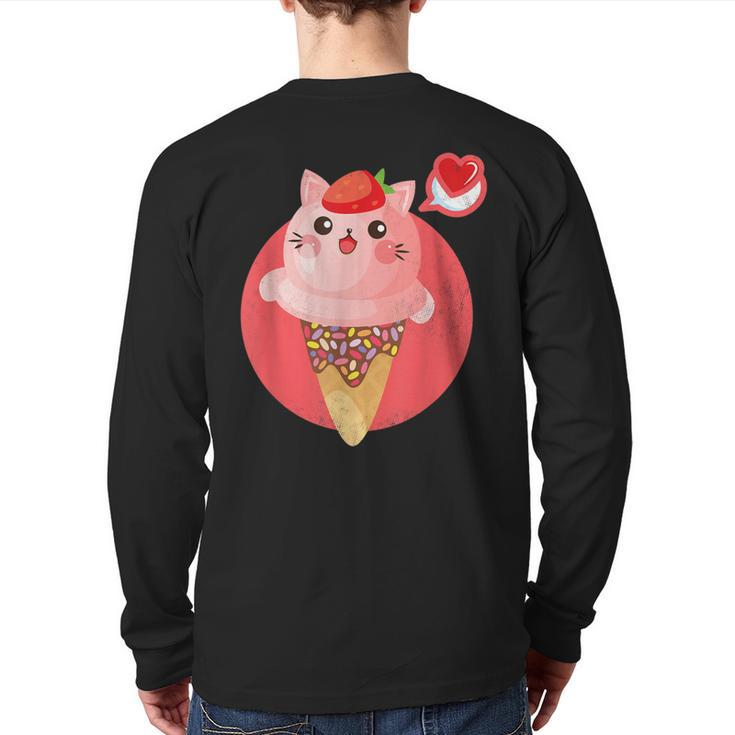 Kawaii Cute Cat Ice Cream Sprinkle Cone Strawberry Top Heart Back Print Long Sleeve T-shirt