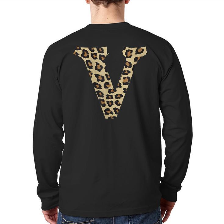 Leopard Cheetah Print Letter V Initial Rustic Monogram Back Print Long Sleeve T-shirt