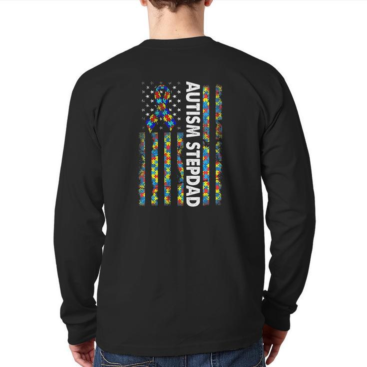 Men Autism Stepdad American Flag Father's Day Back Print Long Sleeve T-shirt