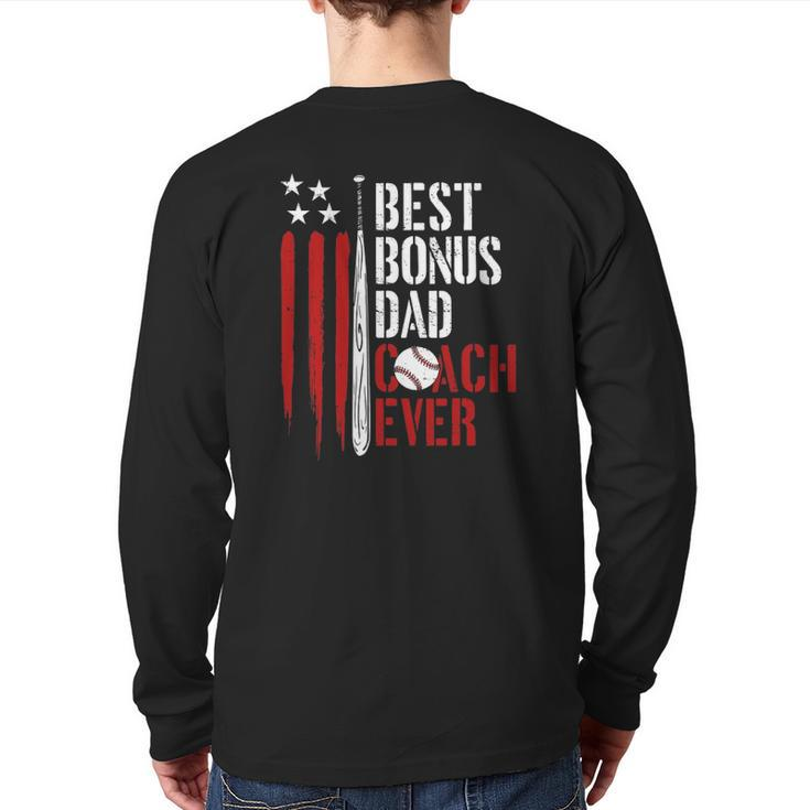 Mens Best Bonus Dad Coach Ever Proud Baseball Daddy American Flag Back Print Long Sleeve T-shirt