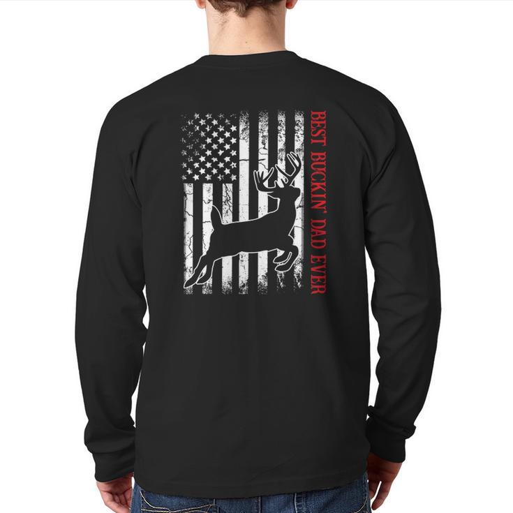 Mens Best Buckin' Dad Ever American Flag Deer Hunting Back Print Long Sleeve T-shirt