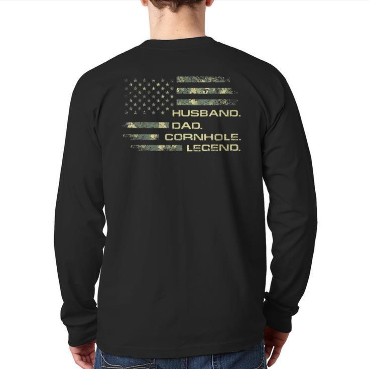 Mens Cornhole Husband Dad Cornhole Legend American Flag Back Print Long Sleeve T-shirt