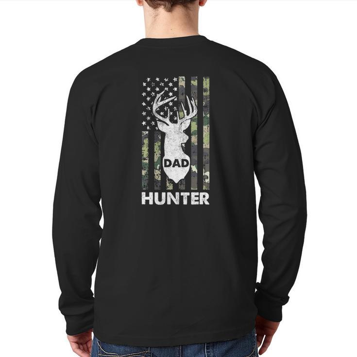 Mens Deer Hunter Dad Fathers Day Hunting American Flag Camo Papa Back Print Long Sleeve T-shirt