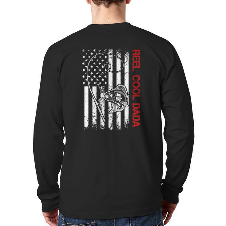Mens Fishing Stuff For Fathers Day Reel Cool Dada American Flag Back Print Long Sleeve T-shirt