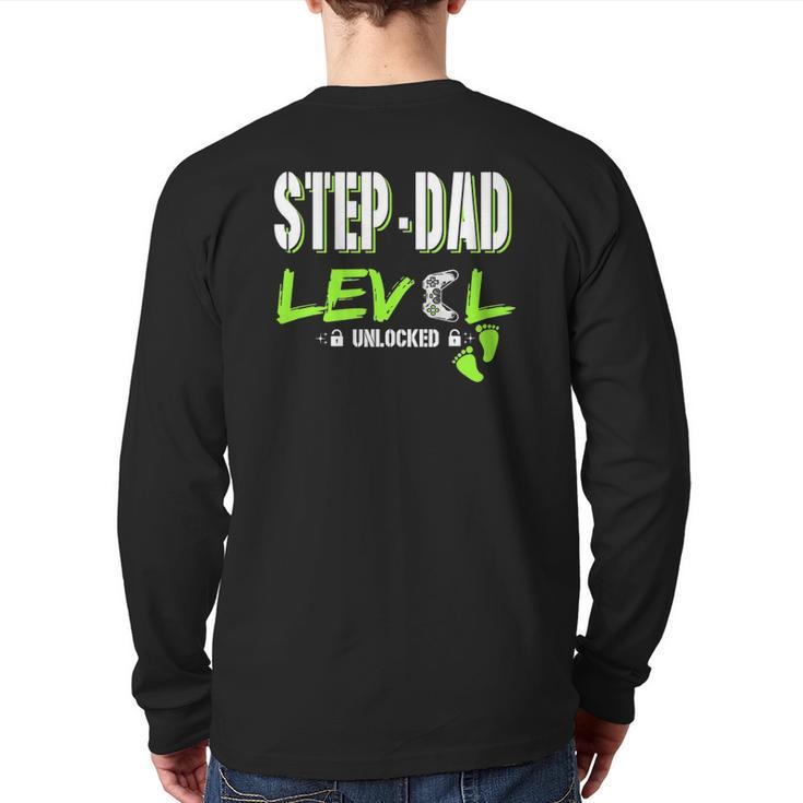 Mens Gaming Step-Dad Level Unlocked Gamer Leveled Up Father's Day Back Print Long Sleeve T-shirt