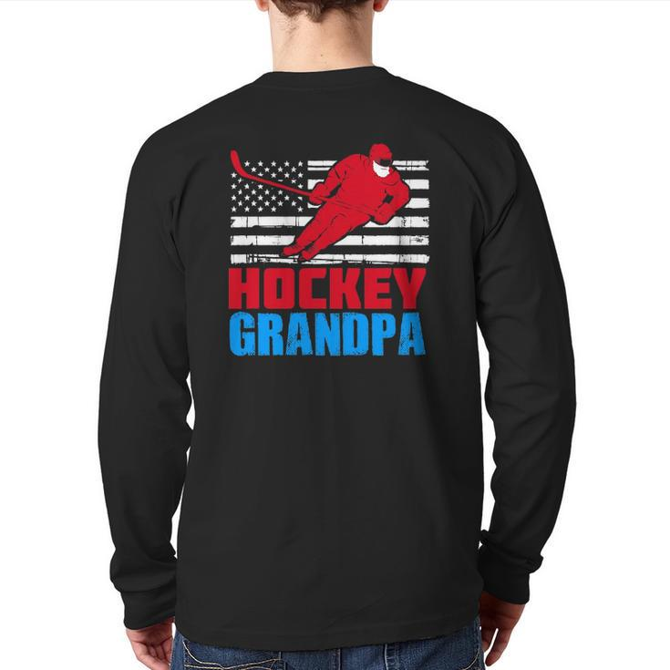 Mens Patriotic American Flag Usa Ice Hockey Grandpa Back Print Long Sleeve T-shirt