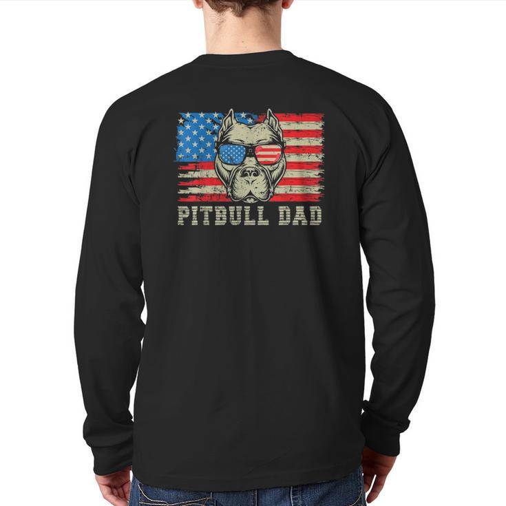 Mens Pitbull Dad American Pit Bull Dog Us Flag 4Th Of July Back Print Long Sleeve T-shirt