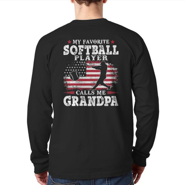 Mens Softball Player Calls Me Grandpa Usa Flag Back Print Long Sleeve T-shirt