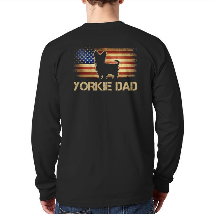Mens Yorkie Dad Vintage American Flag Patriotic Yorkshire Terrier Back Print Long Sleeve T-shirt