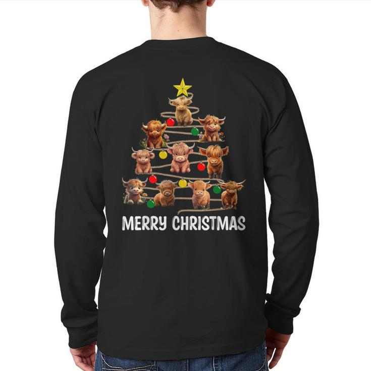 Merry Christmas Highland Cow Western Xmas Tree Pajama Back Print Long Sleeve T-shirt