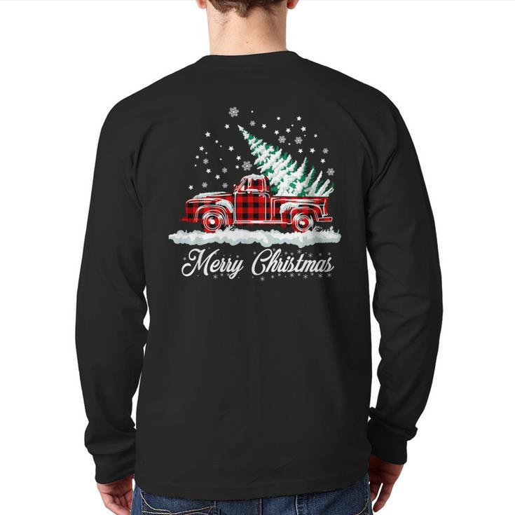 Merry Christmas Vintage Plaid Snow Truck Tree Pickup Back Print Long Sleeve T-shirt