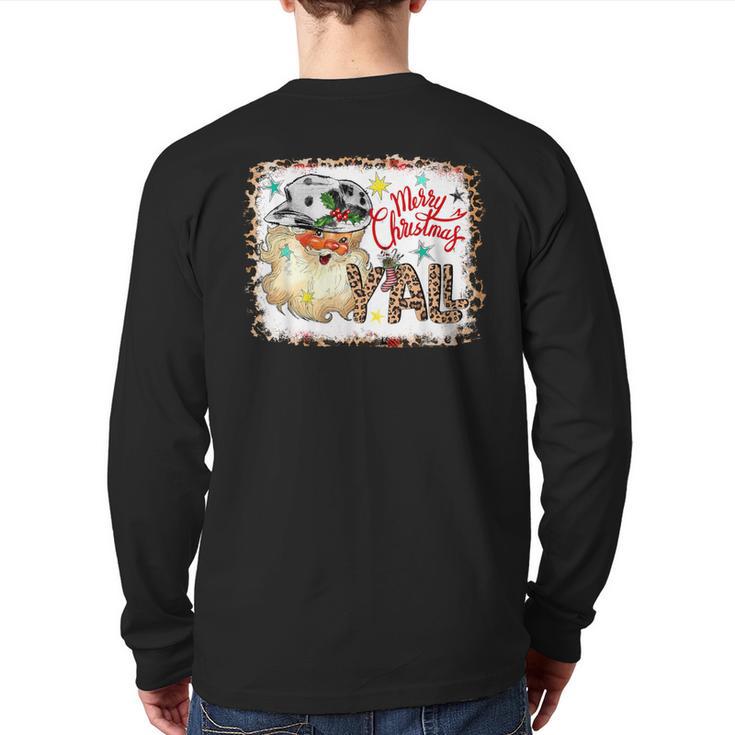 Merry Christmas Y'all Leopard Western Santa Cowboy Bleached Back Print Long Sleeve T-shirt