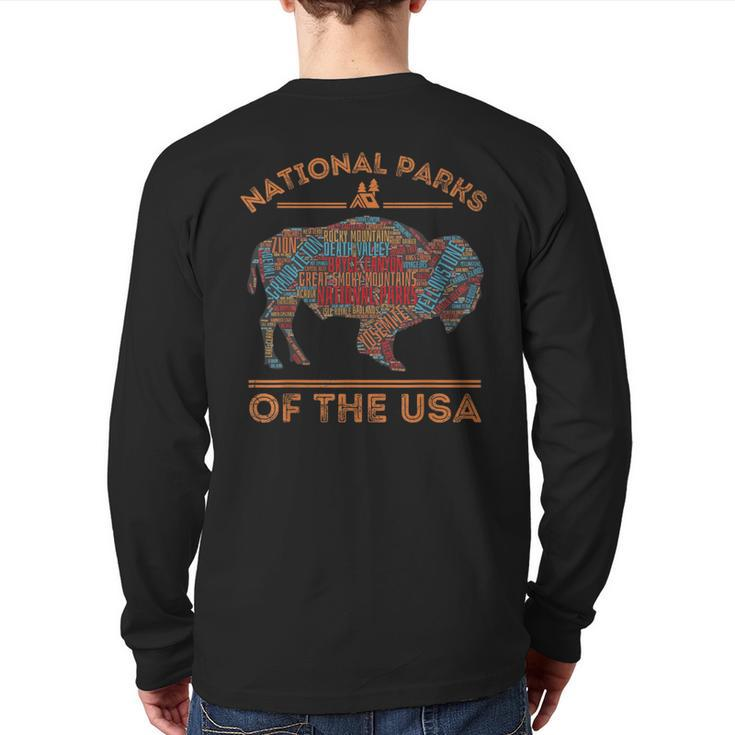 National Parks Usa Buffalo Travel Outdoors Hiking Vintage Back Print Long Sleeve T-shirt