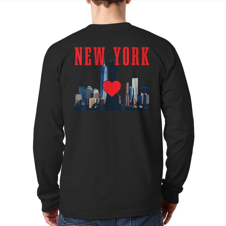 New York City Nyc Ny Skyline Statue Of Liberty Heart Back Print Long Sleeve T-shirt