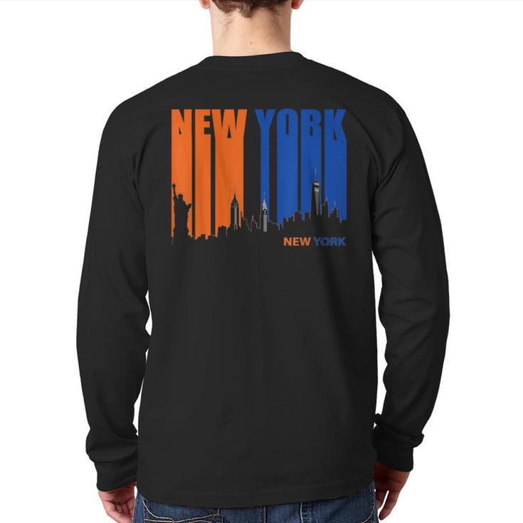 New York Orange & Blue Skyline Vintage Silhouette Back Print Long Sleeve T-shirt