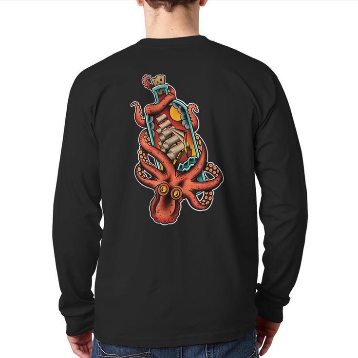 Octopus And Clipper Ship In Bottle Old School Sailor Tattoo Back Print Long Sleeve T-shirt