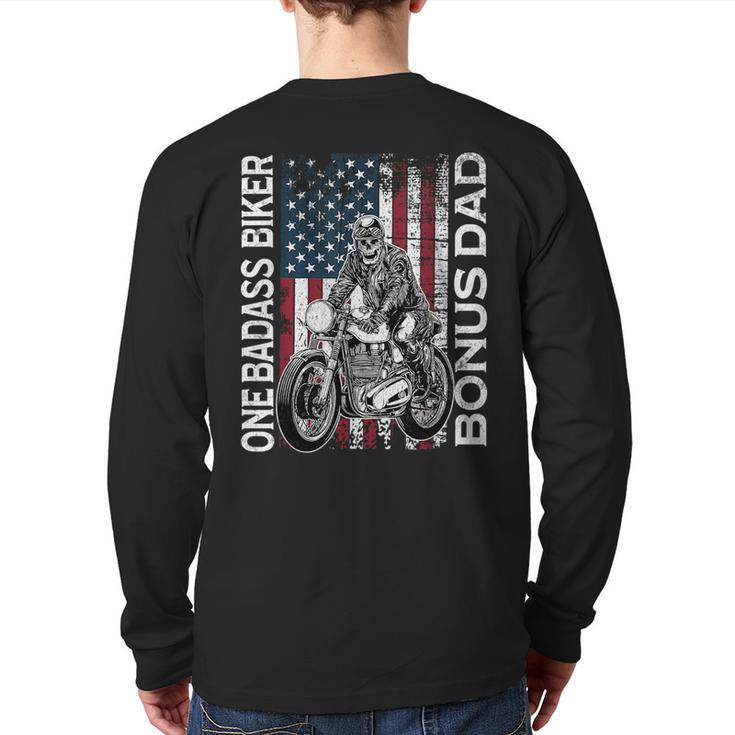 One Badass Biker Bonus Dad Grunge American Flag Skeleton  For Dad Back Print Long Sleeve T-shirt