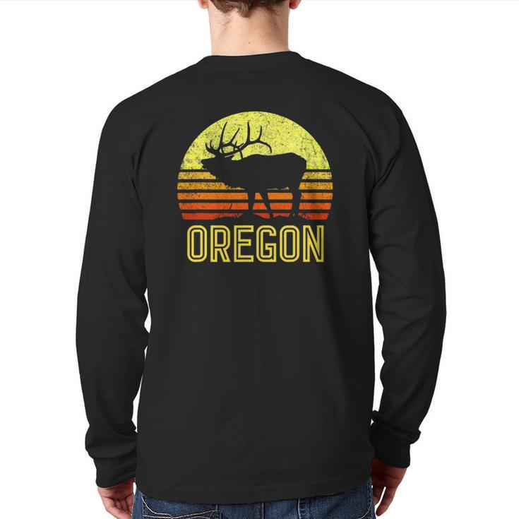 Oregon Elk Hunter Dad Vintage Retro Sun Bow Hunting Back Print Long Sleeve T-shirt