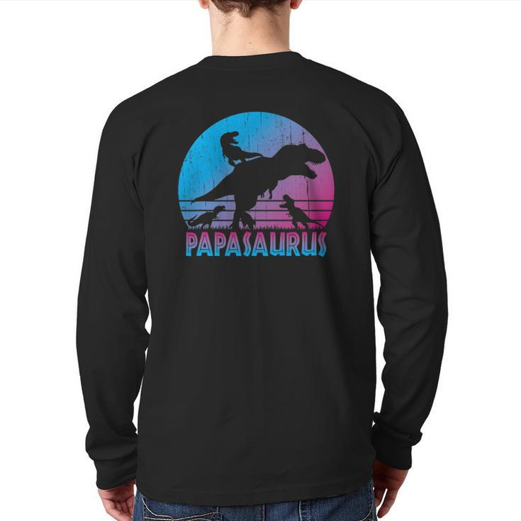 Papasaurus 3 Kids Vintage Retro Sunset  For Dad Back Print Long Sleeve T-shirt