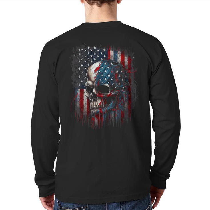 Patriotic Skull American Flag Graphic Back Print Long Sleeve T-shirt