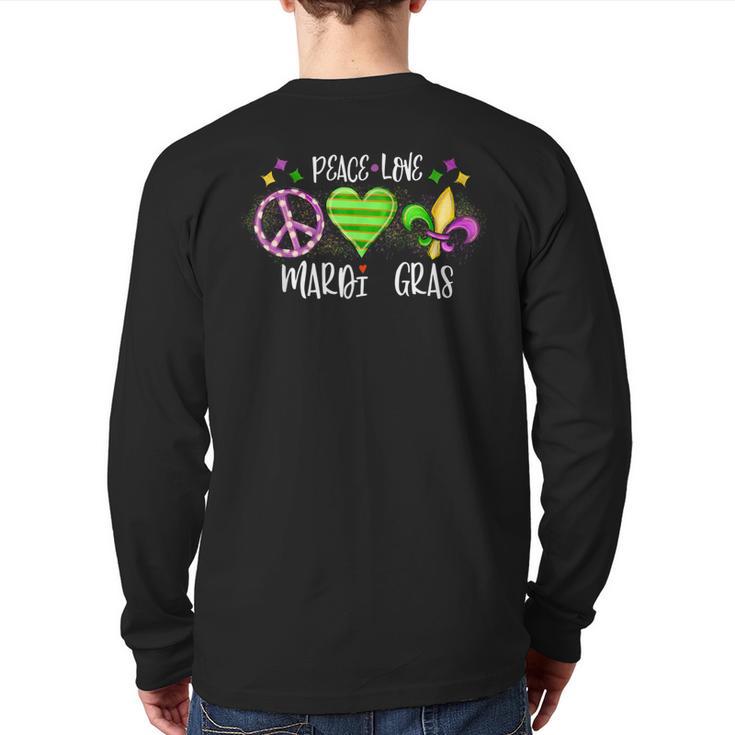 Peace Love Mardi Gras Purple And Gold New Orleans Festival Back Print Long Sleeve T-shirt