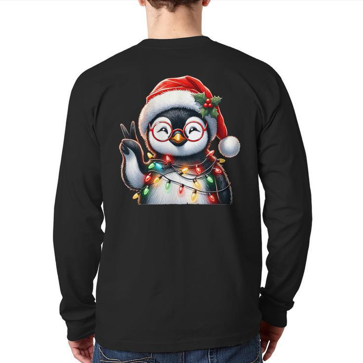 Peace Sign Hand Penguin Santa Christmas Penguin Pajamas Back Print Long Sleeve T-shirt