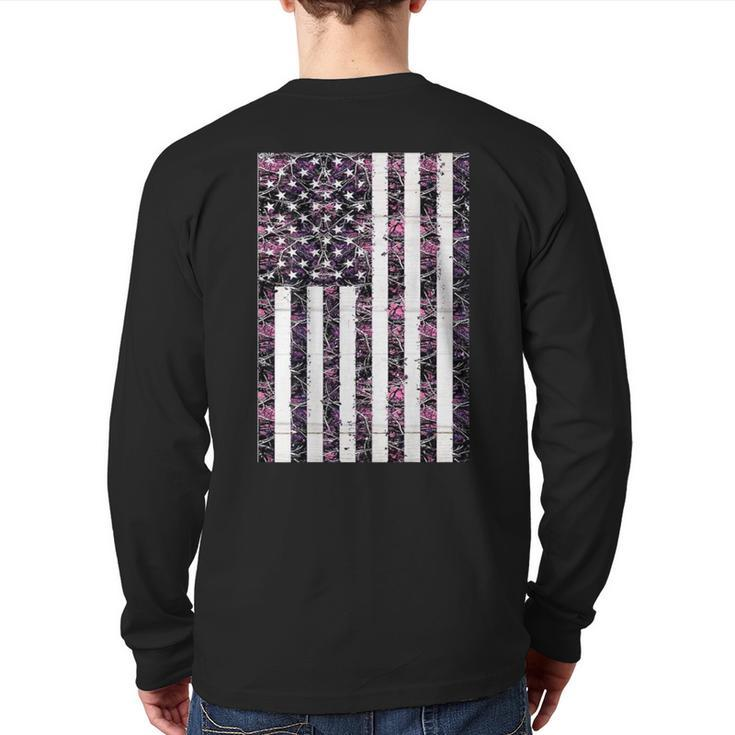 Pink Deer Hunting Camo Camouflage American Flag Back Print Back Print Long Sleeve T-shirt