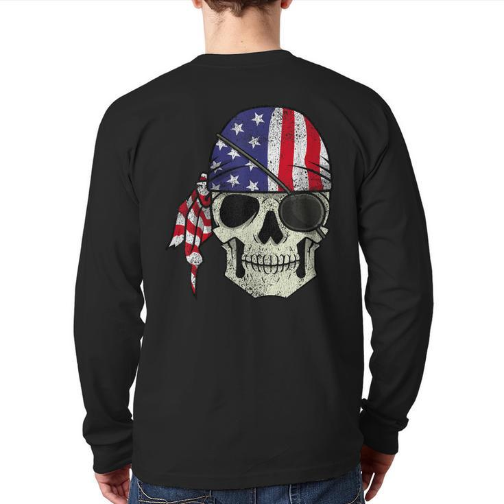 Pirate 4Th Of July Men Distressed Usa Skull American Flag Back Print Long Sleeve T-shirt
