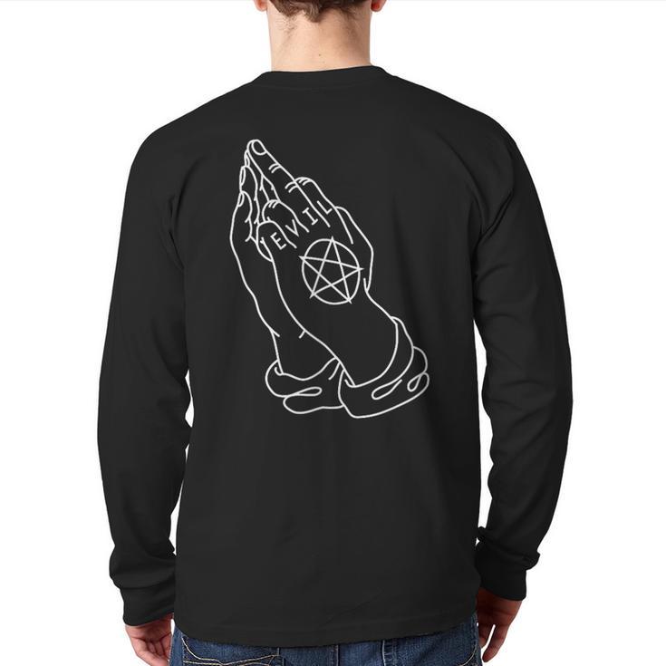 Prayer Hands Giving The Finger With Evil & Pentagram Tattoo Back Print Long Sleeve T-shirt