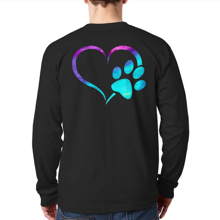 Purple Cyan Turquoise Dog Paw Print Heart For Dogs Lover Back Print Long Sleeve T-shirt