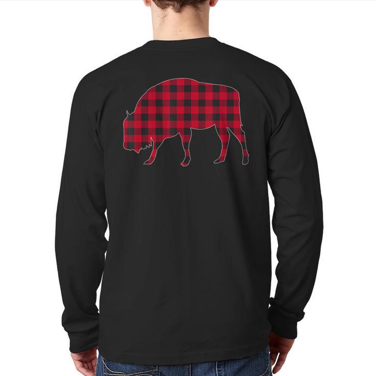 Red Plaid Bison Christmas Matching Buffalo Family Pajama Back Print Long Sleeve T-shirt