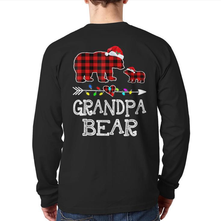Red Plaid Grandpa Bear & Kid Christmas Light Santa Hat Back Print Long Sleeve T-shirt