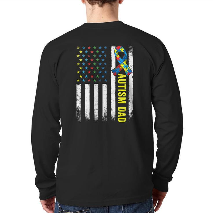 Retro American Flag Autism Dad Awareness Autistic Back Print Long Sleeve T-shirt