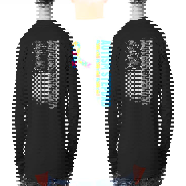 Retro American Flag Autism Stepdad Awareness Autistic Back Print Long Sleeve T-shirt