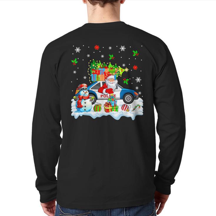 Santa Carrying Christmas Tree On Police Car Snowman Driver Back Print Long Sleeve T-shirt