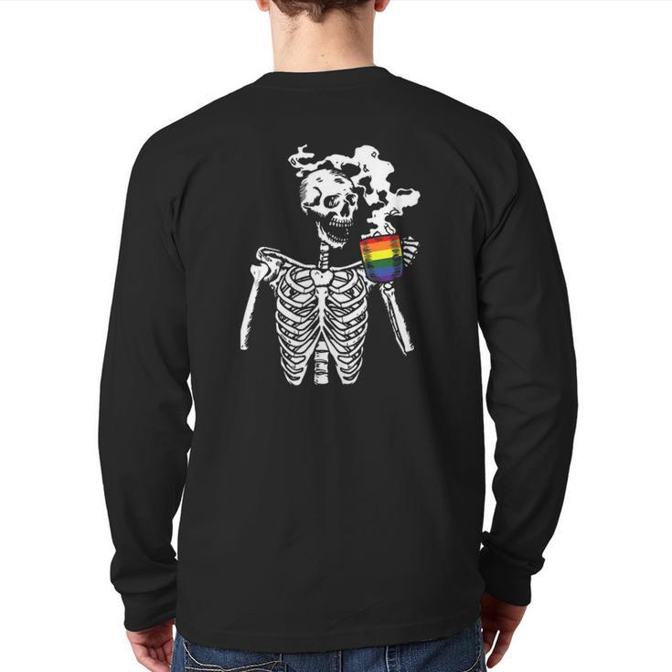 Skeleton Drinking Coffee Gay Pride Skull Lgbt-Q Ally Back Print Long Sleeve T-shirt