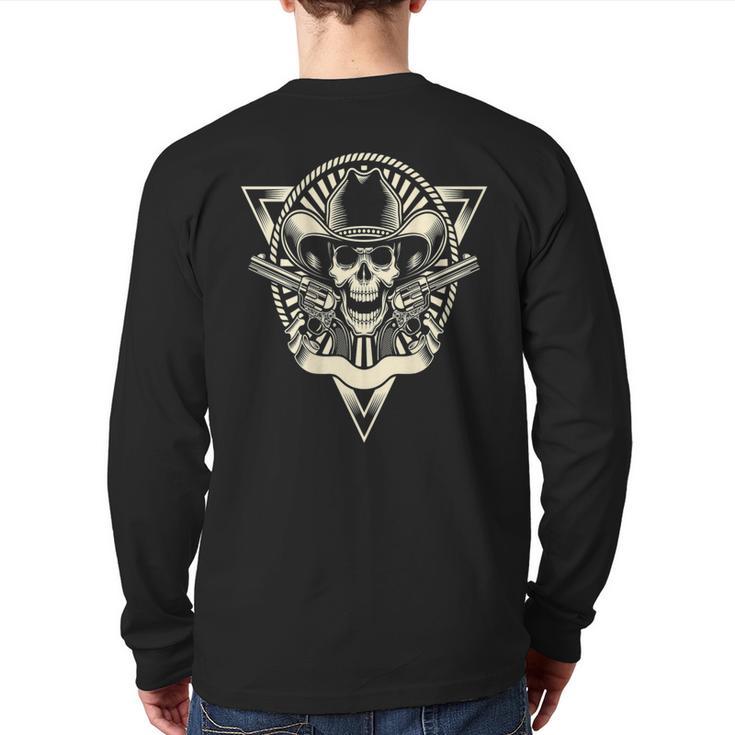 Skull Motorcycle Biker Cowboy Hat Outlaw Guns Back Print Long Sleeve T-shirt