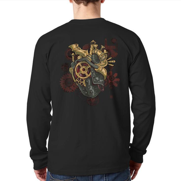 Steampunk Heart Robot Cosplay Scifi Mechanical Gears Anatomy Back Print Long Sleeve T-shirt