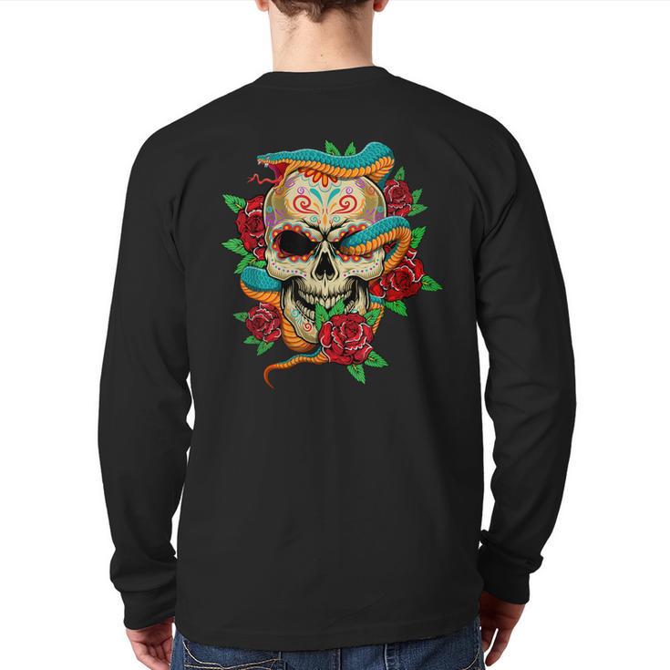 Sugar Skull Day Of Dead Cool Bone Head Skulls Snake Rose Back Print Long Sleeve T-shirt