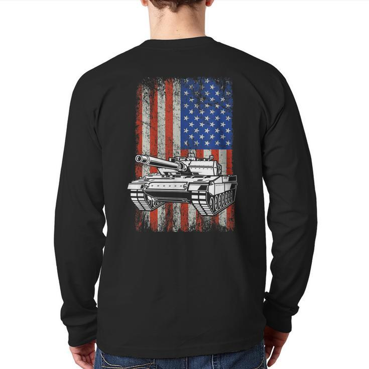 Tank American Flag Veteran Military  Back Print Long Sleeve T-shirt