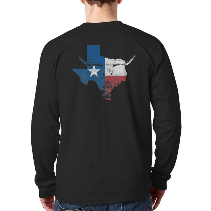 Texas Flag Vintage Texas Flag Longhorn Skull Retro Tx Back Print Long Sleeve T-shirt