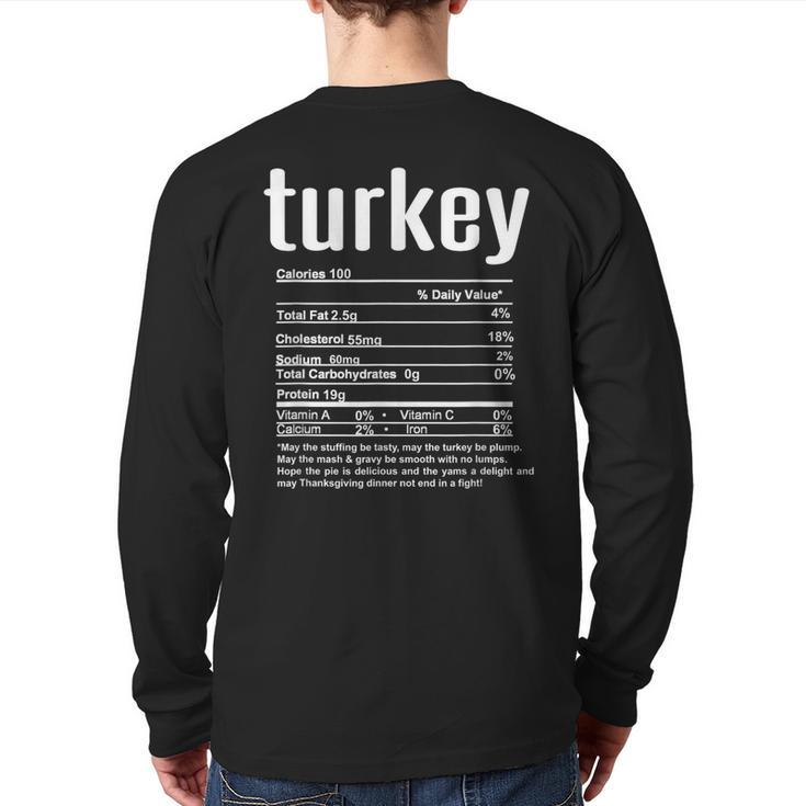Thanksgiving Christmas Turkey Nutritional Facts Back Print Long Sleeve T-shirt