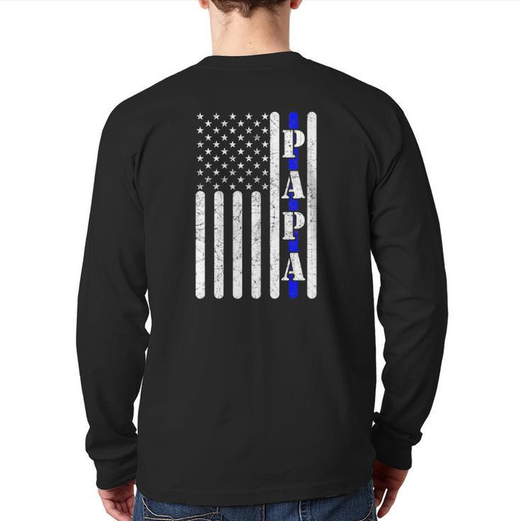 Thin Blue Line Papa Vintage Police American Flag Father's Day Back Print Long Sleeve T-shirt