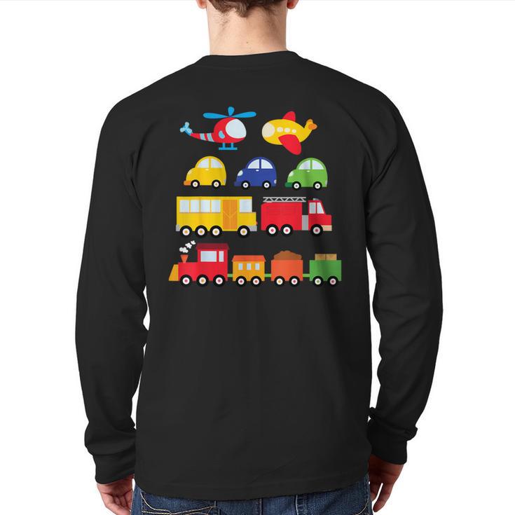 Transportation Trucks Cars Trains Planes Helicopters Toddler Back Print Long Sleeve T-shirt