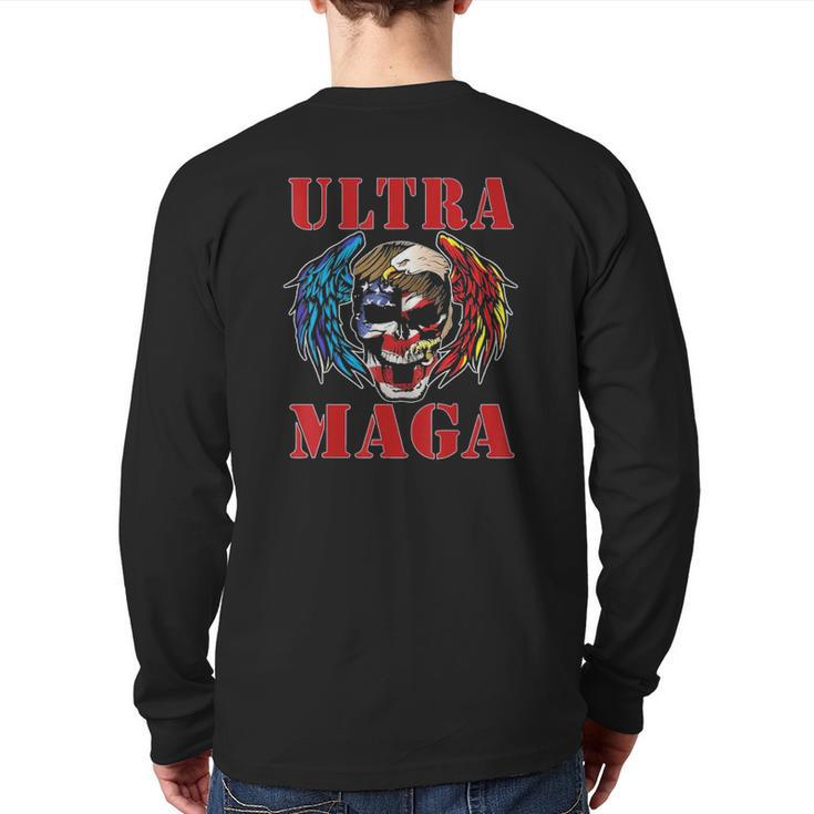 Ultra Maga Anti Joe Biden American Flag Skull Bald Eagle Back Print Long Sleeve T-shirt