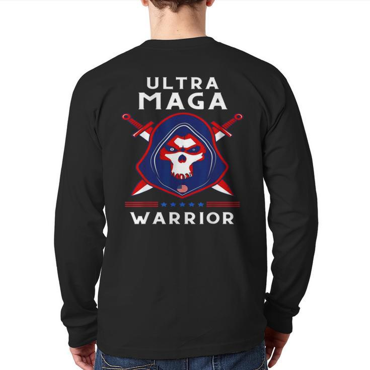 Ultra Maga Warrior Dad Anti Biden Us Flag Pro Trump Back Print Long Sleeve T-shirt