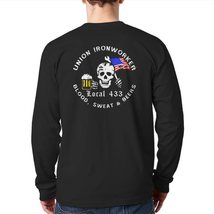 Union Ironworker Local 433 Blood Sweat & Beers Flag Tee Back Print Long Sleeve T-shirt