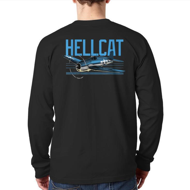 Usa Military Warbird Airplane Hellcat Wwii Vintage Fighter Back Print Long Sleeve T-shirt