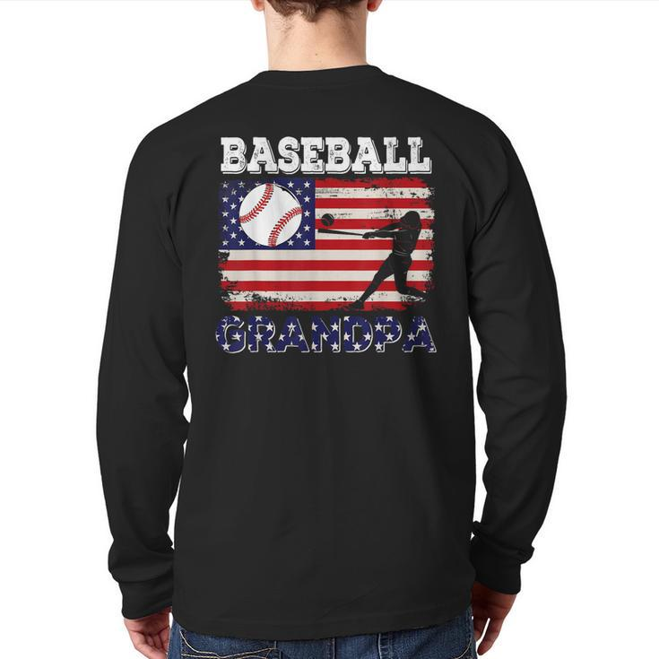 Vintage American Flag Baseball Grandpa Costume Player Coach Back Print Long Sleeve T-shirt